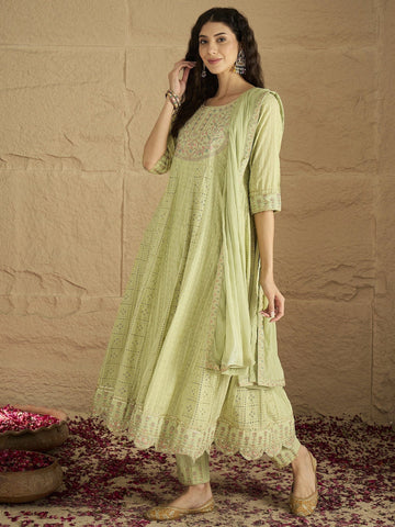 Varanga Women Lime Green Mirror And Thread Embroidered,Gotta Embellished Scalloped Schiffli Anarkali Kurta Paired Wirh Printed Bottom And Embroidered Dupatta