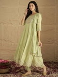 Varanga Women Lime Green Mirror And Thread Embroidered,Gotta Embellished Scalloped Schiffli Anarkali Kurta Paired Wirh Printed Bottom And Embroidered Dupatta