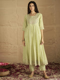 Varanga Women Lime Green Mirror And Thread Embroidered,Gotta Embellished Scalloped Schiffli Anarkali Kurta Paired Wirh Printed Bottom And Embroidered Dupatta