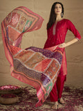 Varanga Women Pink Round Neck  Embroidered Kurta Paired With Tonal Bottom & Printed Dupatta