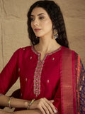 Varanga Women Pink Round Neck  Embroidered Kurta Paired With Tonal Bottom & Printed Dupatta
