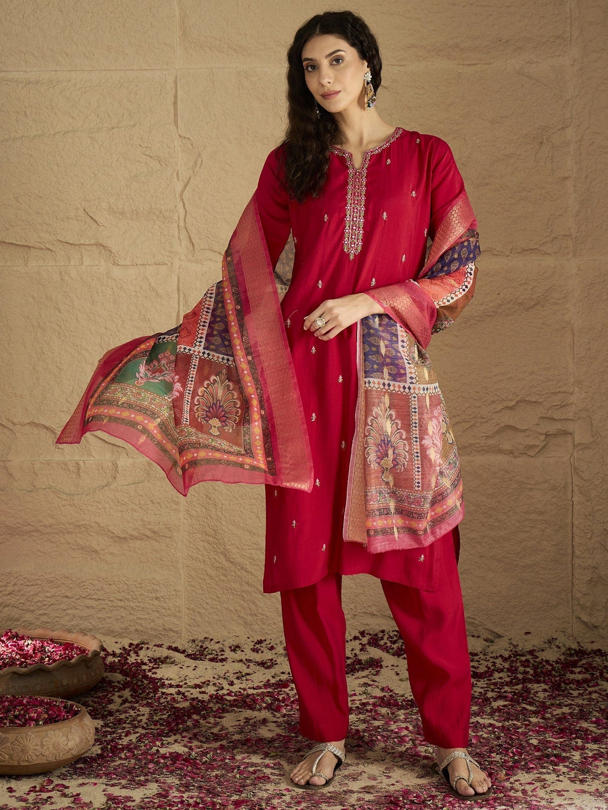 Varanga Women Pink Round Neck Embroidered Kurta Paired With Tonal Bottom & Printed Dupatta