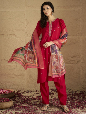 Varanga Women Pink Round Neck Embroidered Kurta Paired With Tonal Bottom & Printed Dupatta