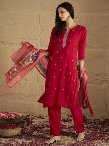 Varanga Women Pink Round Neck Embroidered Kurta Paired With Tonal Bottom & Printed Dupatta