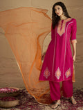 Varanga Women Pink Zari Embroidered Contrast Yoke Kurta With Bottom And Contrast Dupatta