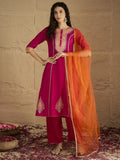 Varanga Women Pink Zari Embroidered Contrast Yoke Kurta With Bottom And Contrast Dupatta
