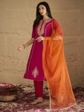 Varanga Women Pink Zari Embroidered Contrast Yoke Kurta With Bottom And Contrast Dupatta