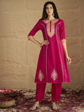 Varanga Women Pink Zari Embroidered Contrast Yoke Kurta With Bottom And Contrast Dupatta