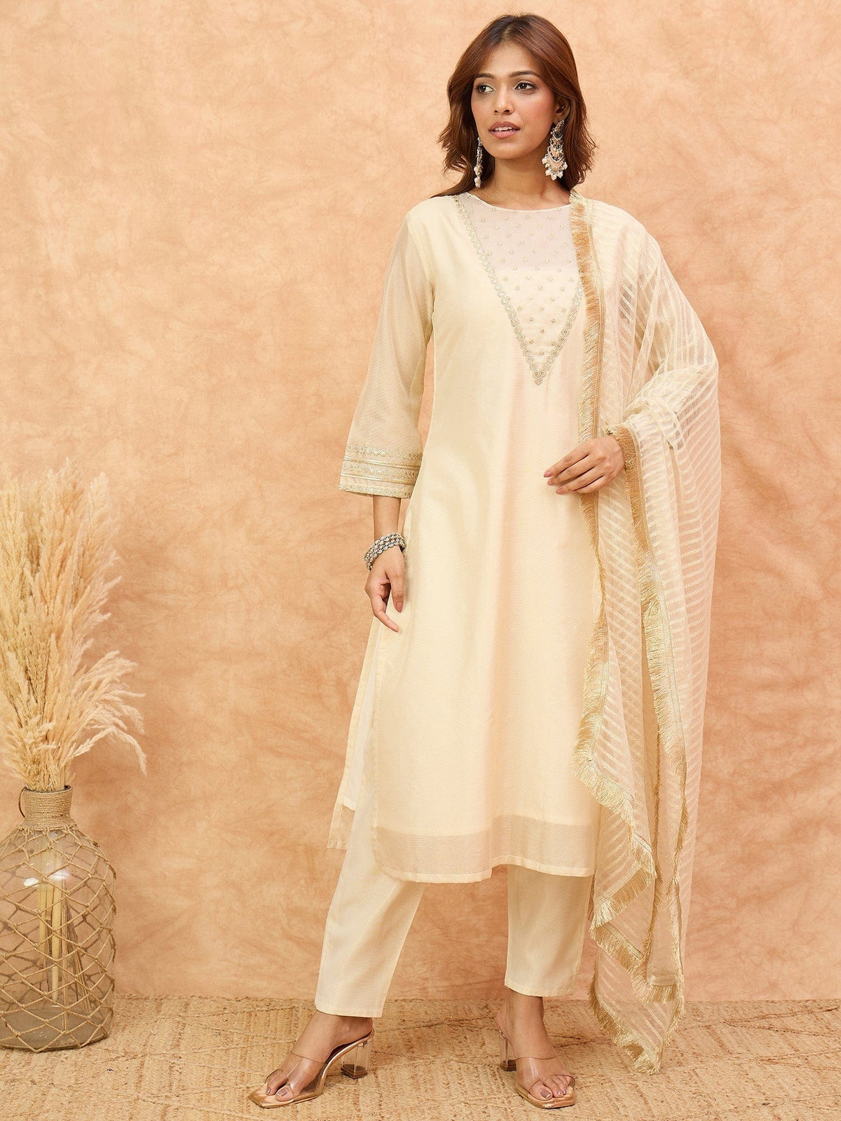 Varanga Women Zari Embroidered And Sequence Embellished With Organza Detailed Kurta With Bottom And Dupatta