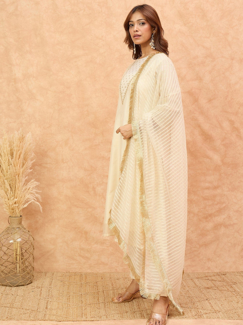 Varanga Women Zari Embroidered And Sequence Embellished With Organza Detailed Kurta With Bottom And Dupatta