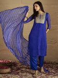 Varanga Women Navy Blue Bandhani Zari Embroidered Kurta Set with Dupatta
