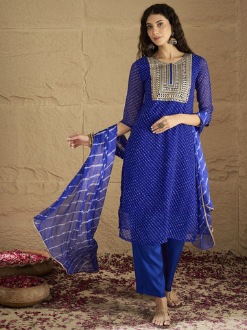 Varanga Women Navy Blue Bandhani Zari Embroidered Kurta Set with Dupatta