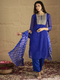Varanga Women Navy Blue Bandhani Zari Embroidered Kurta Set with Dupatta