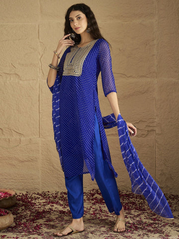 Varanga Women Navy Blue Bandhani Zari Embroidered Kurta Set with Dupatta