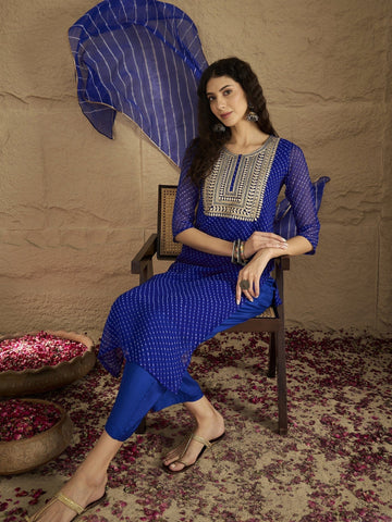 Varanga Women Navy Blue Bandhani Zari Embroidered Kurta Set with Dupatta