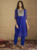 Varanga Women Navy Blue Bandhani Zari Embroidered Kurta Set with Dupatta