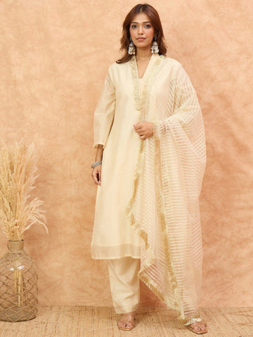 Varanga Women Cream Brocade Shimmer Zari Embroidered Kurta Set with Dupatta