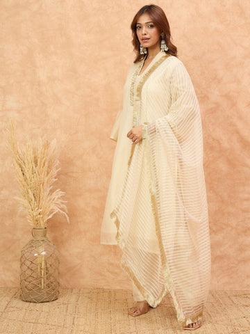 Varanga Women Cream Brocade Shimmer Zari Embroidered Kurta Set with Dupatta