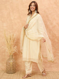 Varanga Women Cream Brocade Shimmer Zari Embroidered Kurta Set with Dupatta