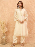Varanga Women Cream Brocade Shimmer Zari Embroidered Kurta Set with Dupatta