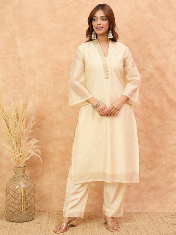 Varanga Women Cream Brocade Shimmer Zari Embroidered Kurta Set with Dupatta