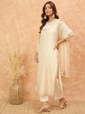 Varanga Women Zari Embroidered And Sequence Embellished With Organza Detailed Kurta With Bottom And Dupatta