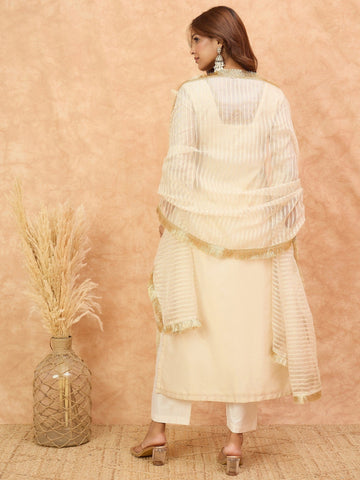 Varanga Women Zari Embroidered And Sequence Embellished With Organza Detailed Kurta With Bottom And Dupatta