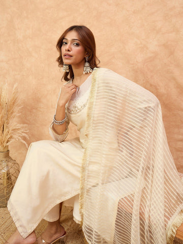 Varanga Women Zari Embroidered And Sequence Embellished With Organza Detailed Kurta With Bottom And Dupatta
