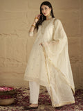 Varanga Women Brocade Gold Round Neck Zari Embroidered Sequins Embellished Kurta Set with Dupatta