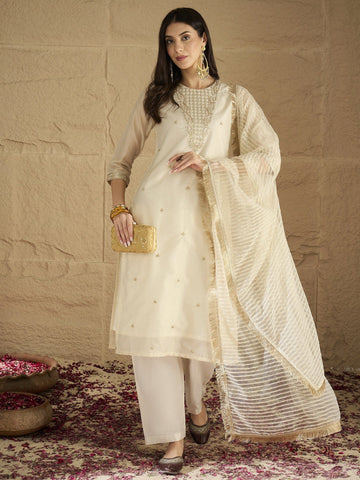 Varanga Women Brocade Gold Round Neck Zari Embroidered Sequins Embellished Kurta Set with Dupatta