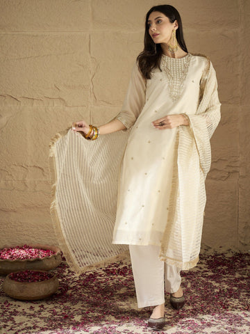 Varanga Women Brocade Gold Round Neck Zari Embroidered Sequins Embellished Kurta Set with Dupatta