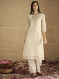 Varanga Women Brocade Gold Round Neck Zari Embroidered Sequins Embellished Kurta Set with Dupatta