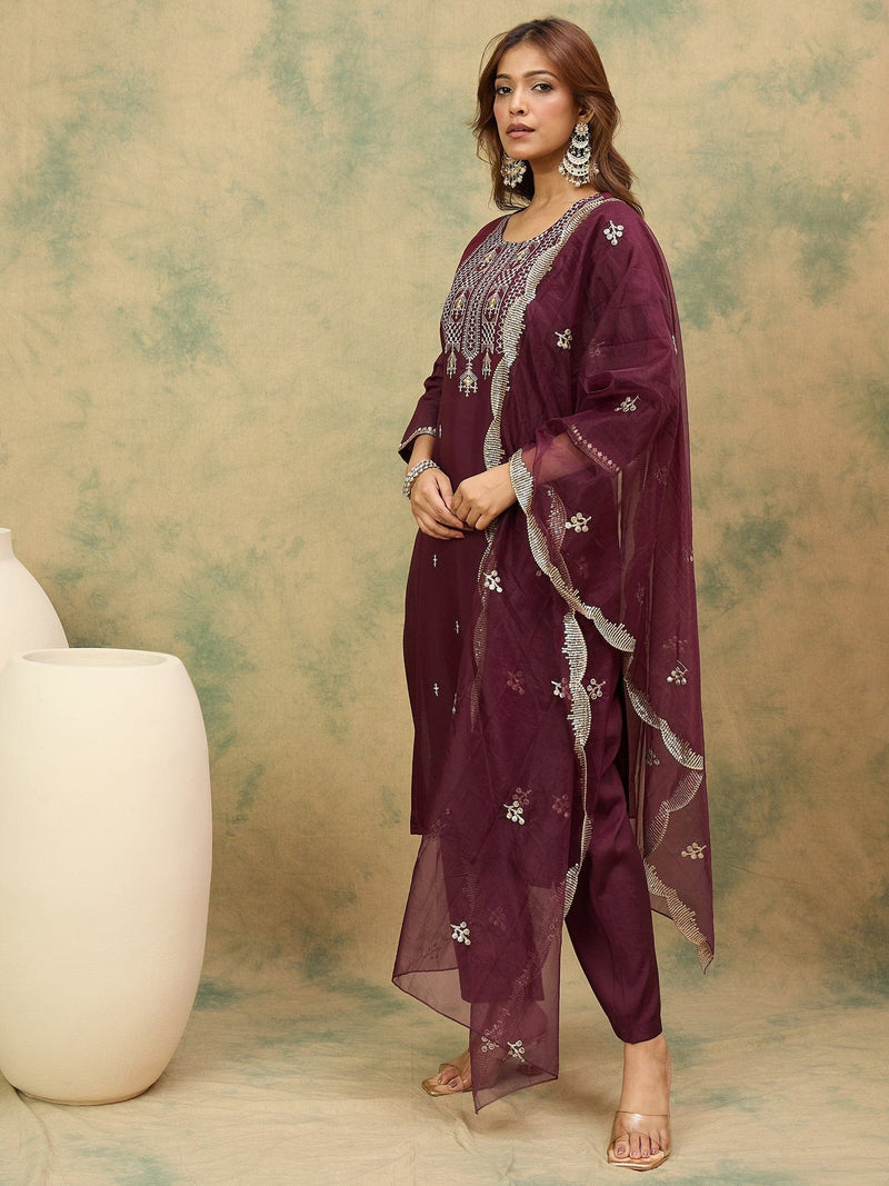 Zari Embroidered Straight Kurta With Trouser & Dupatta