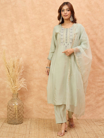 Varanga Women-Thread & Sequin Embroidered Yoke Kurta With Trouser & Scallop Dupatta