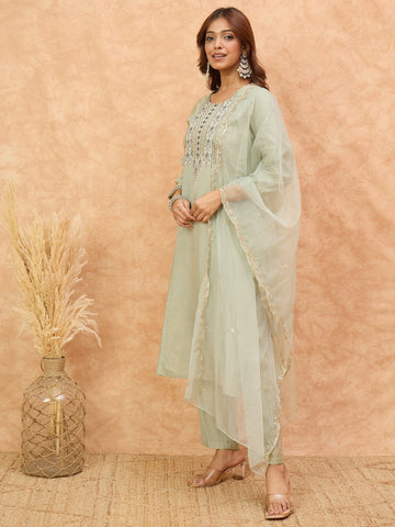 Varanga Women-Thread & Sequin Embroidered Yoke Kurta With Trouser & Scallop Dupatta