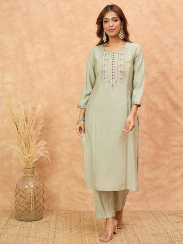 Varanga Women-Thread & Sequin Embroidered Yoke Kurta With Trouser & Scallop Dupatta