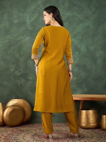 Mustard Straight-Fit Kurta With Embroidered Yoke, Paired With Solid Ankle-Length Trousers .