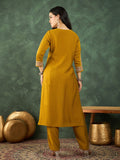 Mustard Straight-Fit Kurta With Embroidered Yoke, Paired With Solid Ankle-Length Trousers .