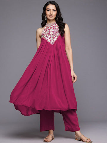 Varanga Women Halter Neck  Zari And Sequence Embroidered Sleeveless Flared Kurta Paired With Tonal Bottom