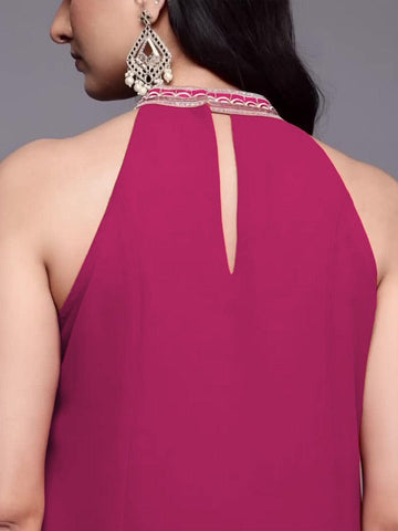 Varanga Women Halter Neck  Zari And Sequence Embroidered Sleeveless Flared Kurta Paired With Tonal Bottom