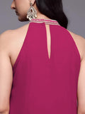 Varanga Women Halter Neck  Zari And Sequence Embroidered Sleeveless Flared Kurta Paired With Tonal Bottom
