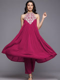 Varanga Women Halter Neck  Zari And Sequence Embroidered Sleeveless Flared Kurta Paired With Tonal Bottom