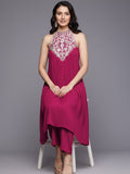 Varanga Women Halter Neck  Zari And Sequence Embroidered Sleeveless Flared Kurta Paired With Tonal Bottom