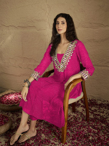 Varanga Women Graceful Beige Kurta Set Featuring Gota Patti Detailing, Paired With Solid Trousers