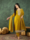 Kurta With Intricate Zari-Embroidered Yoke Is Paired With Ankle-Length Solid Trousers And A Matching Zari-Accented Dupatta