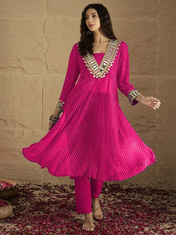 Varanga Women Graceful Beige Kurta Set Featuring Gota Patti Detailing, Paired With Solid Trousers