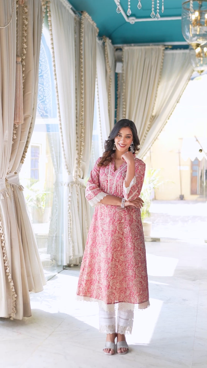 Varanga Women Peach Paisley Printed Lace Embellished A-Line Kurta