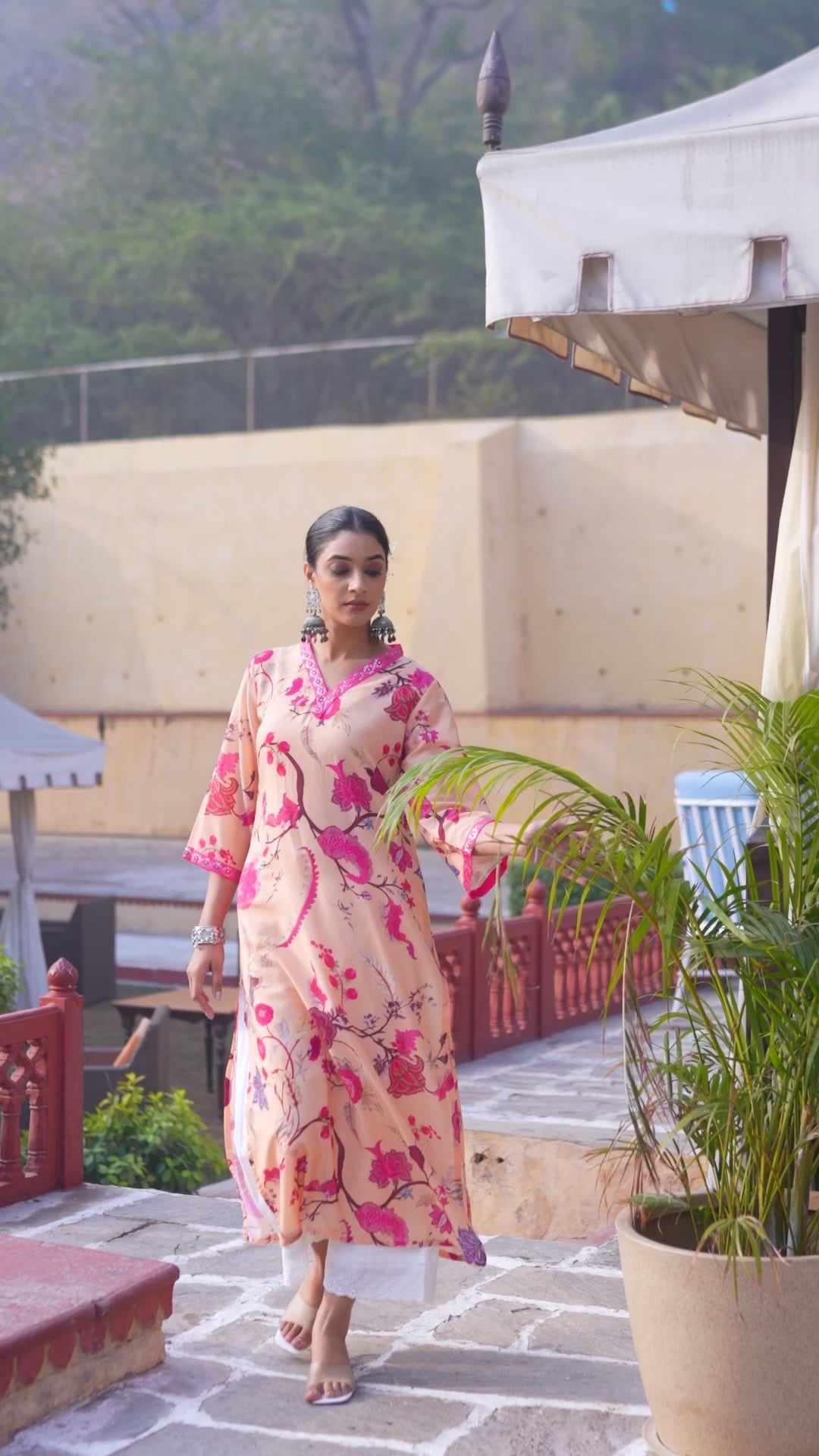 Varanga Women Mustard Floral Printed Kurta With V-Neck And Three Quarter Bell Sleeves