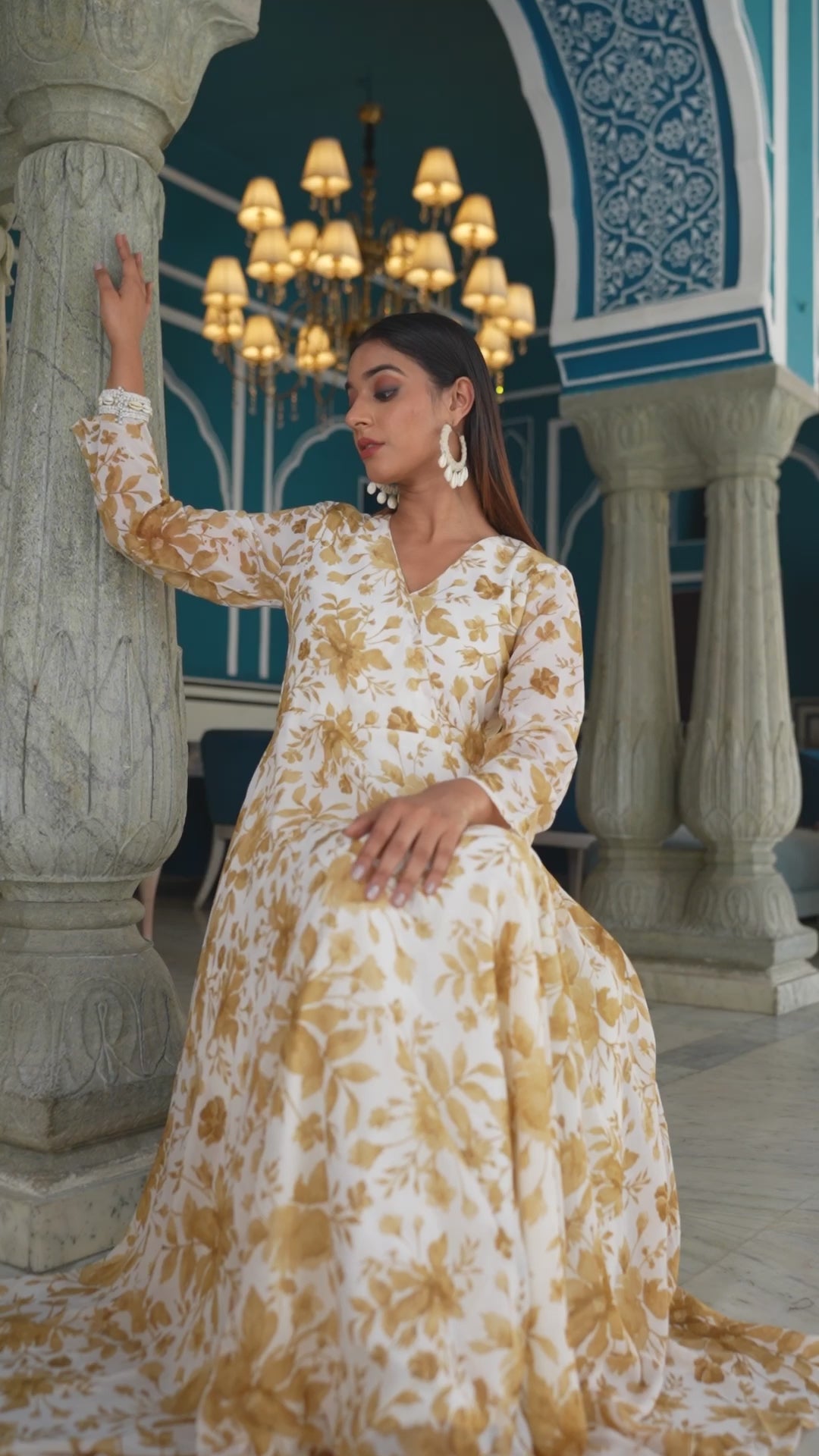 Varanga Women Off White Floral Printed , Full Sleeves Angrakha Style Kurta