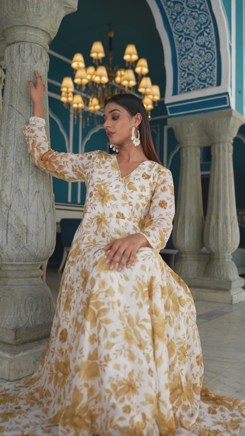 Varanga Women Off White Floral Printed , Full Sleeves Angrakha Style Kurta